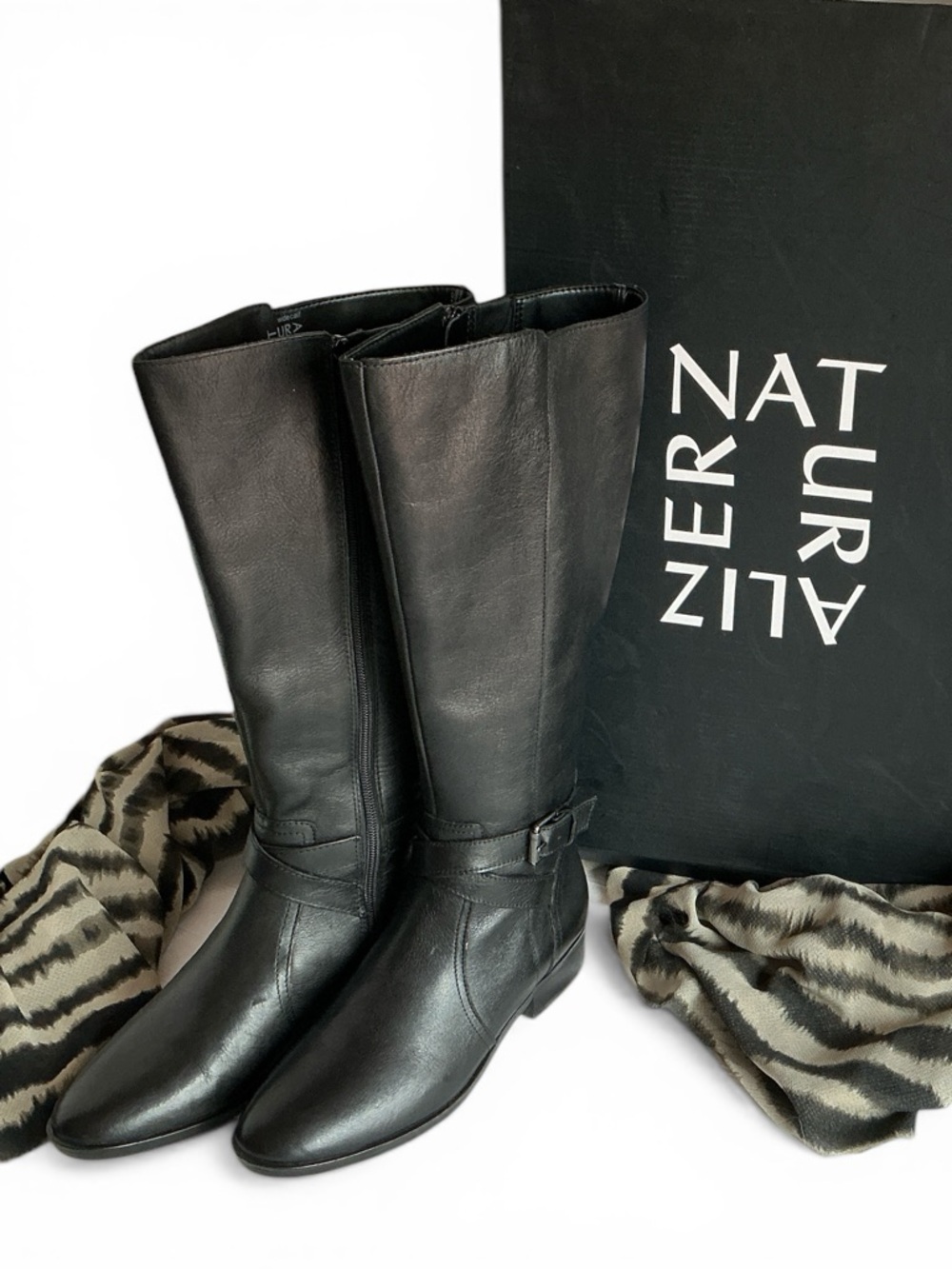 Black Leather Naturalizer Boots Rena Riding Wide Calf Zip Buckle Women's US
